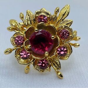 Red CZ Floral Statement Ring Gold Tone Pink Crystal Flower Cocktail Ring